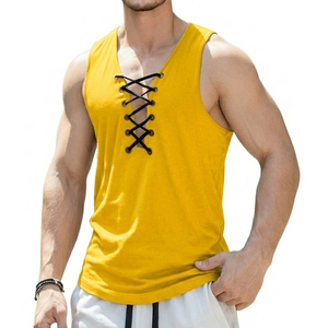 Wholesale Men's Deep V-Neck Lace Up Tank Tops Blank Customizable Summer Beach Wear Sleeveless Muscle Tee Bulk Tank Tops For Men - Product Image 1