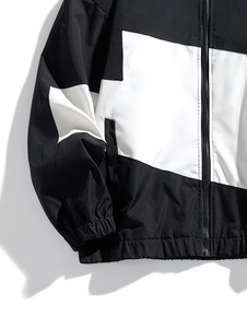Men's <b>White</b> Navy Color Blocking Racer <b>Jacket</b> Windproof Zipper Closure Sporty Hooded Collar Canvas Front Polyester Autumn Wear - Product Image 2
