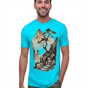 Camiseta de Manga Corta Beige para Hombre con Estampado de Pinos Pintado a Mano, Cuello Redondo, Corte Regular, Ropa Casual - Product Image 3