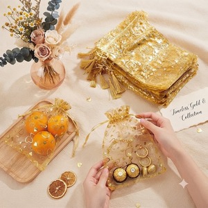 Bolsas de Regalo de Boda de Organza Dorada de Lujo al por Mayor, con Cierre de Cordón de Satén, Impresión Metálica, Hechas a Mano, Duraderas, para Cumpleaños - Product Image 4