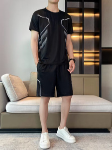 Conjunto Deportivo para Hombre, Camiseta sin Mangas con Cuello en V y Pantalones Cortos, Estampado Geométrico Negro, Transpirable, Elástico, Ajuste Atlético - Product Image 3