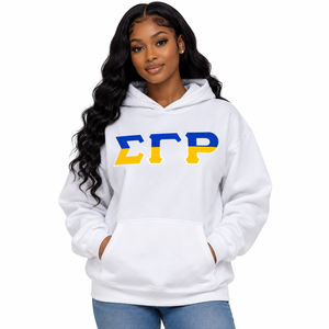 เสื้อฮู้ดสีขาว Sigma Gamma Rho แบบสวมหัว สีน้ำเงินเหลืองสองสี ดีไซน์ตัวอักษรกรีกด้านหน้า แขนยาว มีกระเป๋าจิงโจ้ เหมาะสำหรับสวมใส่ในกลุ่มพี่น้อง - Product Image 1
