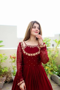 Hot Trending Pakistani Party Wear Dress Maroon Georgette Chiffon Anarkali Frock Heavy Embroidered Neckline <b>Wedding</b> Gown - Product Image 6