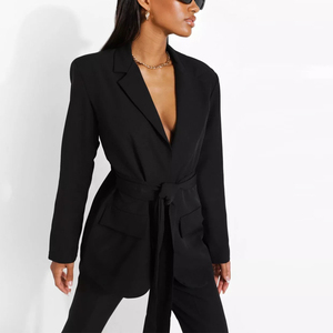 Ensemble tailleur décontracté et élégant pour femme, beige, col mandarin, manches longues, ceinture à nouer, couleur unie, tissu tricoté, anti-plis - Product Image 5