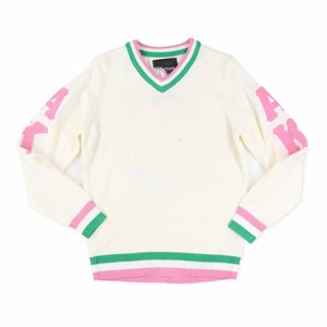 Alpha |   Kapa |   Pull-over col en V pour femme Alpha Sorority - Bordure noire/rose - Style preppy - Manches longues - Couleurs contrastées - Product Image 5