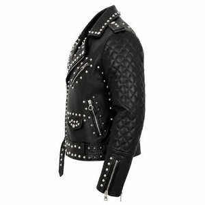 Veste en cuir pour homme, noire, à clous, style punk, motard, manches matelassées, style Brando, sur mesure, OEM - Product Image 3