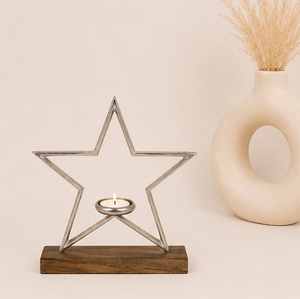 Handmade Decorative Metal Star Candle Holder On Solid Mango Wood Base Modern Silver Aluminum Star Tealight <b>Stand</b> For Rustic Home - Product Image 2
