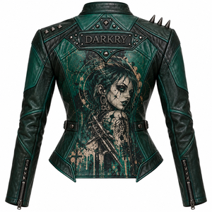 Chaqueta de Cuero Genuino Verde Oscuro para Mujer, Estilo Motero, con Estampado Gráfico Personalizado, Correa en el Pecho y Tachuelas, Servicio de Fábrica OEM - Product Image 2