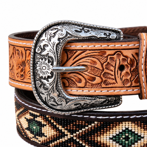 Genuine Leather Vintage Casual <b>Western</b> Cowboy <b>Belt</b> Handmade Beaded Floral <b>Mens</b> Rodeo Engraved Silver Buckle Heavy Duty Durable - Product Image 2