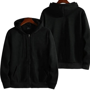 Sudadera con Capucha Negra para Hombre, Cierre de Cremallera, Corte Holgado, Color Sólido, Informal, Tejido de Algodón, Felpa Francesa, Ropa de Invierno - Product Image 2