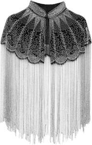 Cape noire et dorée à perles avec broderies complexes et longues franges pour tenues de soirée et costumes de scène - Product Image 5