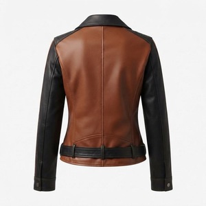 Chaqueta de Motocicleta de Cuero Genuino para Mujer, Color Marrón y Negro en Contraste, Manga Larga con Cierre, Ropa Exterior de Otoño - Product Image 6