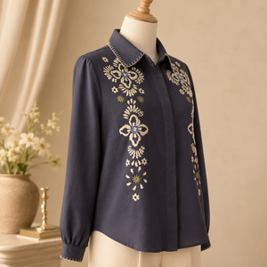 Camisa de Algodón Gris Oscuro con Bordado para Mujer, Manga Larga, Diseño Floral en la Parte Delantera, Blusa Informal a la Moda - Product Image 3
