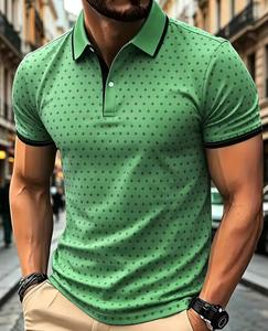 Polo à manches courtes en tricot pour homme, motif à pois, coupe décontractée, bleu gris imprimé - Product Image 1