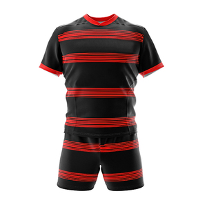 ชุดเสื้อและกางเกงรักบี้แบบซับลิเมชั่นสั่งทำพิเศษสำหรับผู้ชาย สีดำแดงลายทาง ระบายเหงื่อได้ดี ใส่ได้ทุกฤดู ทรงปกติ แขนสั้น - Product Image 1