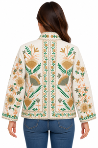 Chaqueta Bomber de Algodón Hecha a Mano de Primera Calidad, Bordado Floral a Mano, Obra Maestra para Mujer, Manga Larga, Bolsillos Laterales, Invierno - Product Image 4