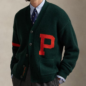 Cárdigan Verde de Lana con Cuello en V y Letra P Roja, Suéter Tejido Estilo Preppy, Manga Larga, Ropa de Invierno - Product Image 1