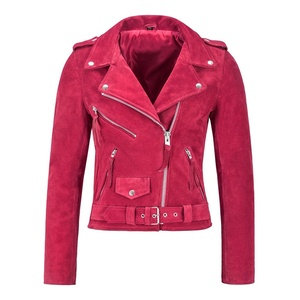 Women's Pink <b>Suede</b> Moto <b>Jacket</b> Full Sleeve Zip Closure Spread Collar Autumn Style Sample Service Available - Product Image 1