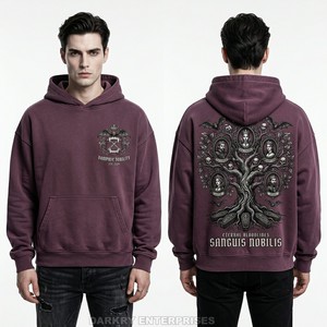 Sudadera con Capucha Extra Grande Color Borgoña Personalizada para Hombre, Sudadera Gruesa de Felpa con Estampado Gráfico Sanguis Nobilis, Sudadera Vintage Morada Estilo Urbano - Product Image 1