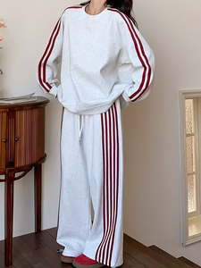 Ensemble de vêtements de sport décontractés et élégants pour femmes, style universitaire d'hiver, coupe régulière, sweat-shirt rayé et pantalon de jogging, ensemble 2 pièces, 100% coton Terry - Product Image 6