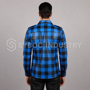 Camisa de Cuero de Cordero con Estampado a Cuadros Azul y Negro para Hombre, Manga Larga y Corta, Estilo Lumberjack con Botones a Presión - Product Image 3