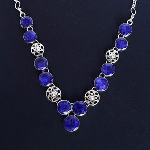 Collar de lujo con colgante de plata de ley 925 hecho a mano con piedras preciosas de corindón natural, topacio azul y zafiro para mujer, venta al por mayor. - Product Image 2