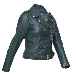 Chaqueta de motociclista de cuero genuino de vaca verde oscuro para mujer, con cuello vuelto y cremallera, estilo biker, chaqueta de cuero de gamuza unisex - Product Image 5
