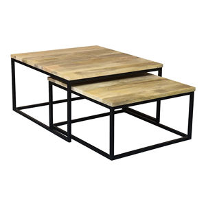 Juego industrial de 2 mesas de centro cuadradas de madera maciza de mango y base de metal, estilo europeo, hechas a mano, con acabado negro y natural. - Product Image 2