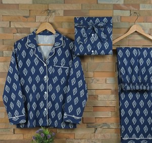 Indigo Hand Block Print Floral Cotton Casual Summer Machine Embroidery Pajama Set <b>for</b> <b>Women</b> Wholesale Sleepwear - Product Image 1