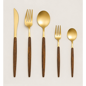 Ensemble de couverts en or au design fantastique avec manche en bois, couverts en acier inoxydable poli miroir, vaisselle pour mariage et restaurant - Product Image 3