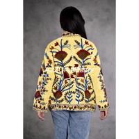 Jaket bordir Suzani wanita, jaket bordir gaya Boho bunga pendek untuk pesta dekorasi lubang kain katun modis