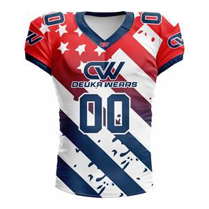 Maillot de football américain personnalisé OEM, imprimé par sublimation, col en V, manches courtes, 100 % polyester, fibre mesh, avec nom en twill. - Product Image 1