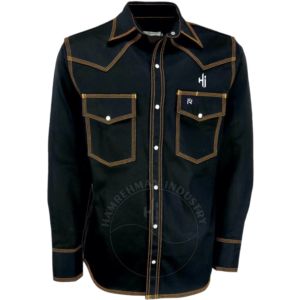 Camisas 100% algodón, camisas FR, color negro, costuras doradas, camisas de trabajo de buena calidad, camisas de trabajo ligeras resistentes al fuego. - Product Image 1