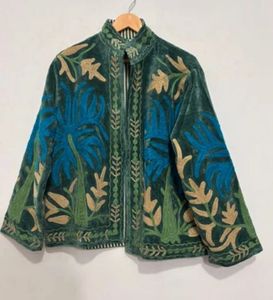 Veste en velours vert foncé pour femme, broderie florale, col mandarin, manches longues, fermeture éclair, style ethnique bohème, automne - Product Image 6