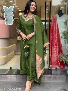 Women Silk Kurta Set Embroidered Indian Pakistani Clothing Foil Print Wedding Party Outfit - Product Image 2