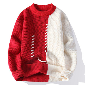 Pull en tricot à col rond pour femme, couleur contrastée, avec détails à lacets, épais, décontracté, pour l'hiver - Product Image 3