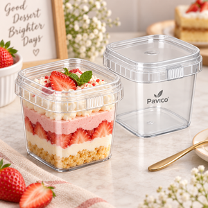 Pot carré en PET de 220 ml avec couvercle à clipser pour l'emballage de desserts en pot, marque Pavico, sérigraphie, Vietnam - Product Image 5