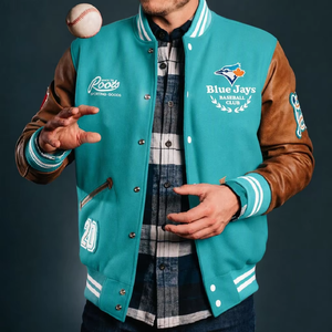 Blouson universitaire de baseball personnalisé à un bouton avec col rayé, en polyester tendance, idéal pour les couples, polyvalent, directement de l'usine - Product Image 5