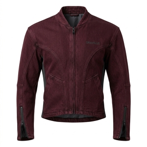 Chaqueta Bomber de Lona Vaquera Lavada Borgoña con Cremallera en las Mangas, Cuello Mandarín, Estilo Cafe Racer para Hombre - Product Image 1