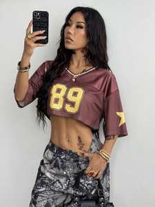 Maillot de football court en mesh marron personnalisé, numéro 89, streetwear pour femme, fabricant OEM en gros sous marque privée - Product Image 5