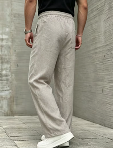 Pantalon large décontracté pour homme KLTW INT'L en lin et coton gris clair, taille élastique avec cordon de serrage, respirant et léger pour l'été - Product Image 3