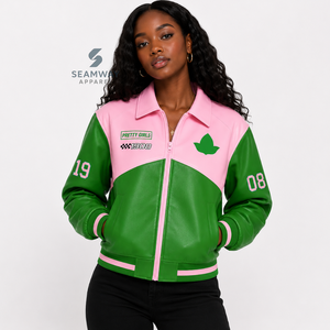 Alpha | Kapa | Alpha Sorority Women's PU <b>Leather</b> <b>Jacket</b> Zip-Up Embroidered Bomber <b>Jacket</b> Casual Varsity Racer <b>Jacket</b> Outerwear - Product Image 4