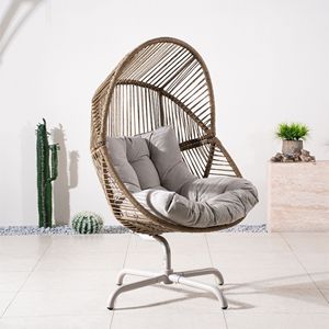 Sedia a dondolo marrone a forma di uovo con seduta imbottita, sedia da interno/esterno per patio con base in metallo - Product Image 3