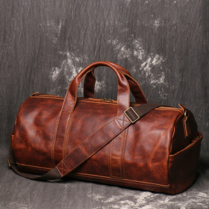 Sac de voyage en cuir véritable, forme ovale, fermeture à glissière, double poignée, capacité 36-56L, sac à dos de voyage pour homme - Product Image 1
