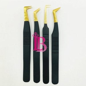 <b>Top</b> Trend Sustainable Stainless Steel Eyelash Extensions Tweezers Black Golden Tip Tweezers 90 Degree Eyelash Tweezers - Product Image 1