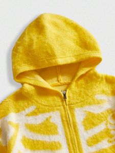 Sudadera con capucha y cremallera con estampado de costillas de esqueleto amarillo, de punto, manga larga, estilo urbano - Product Image 4