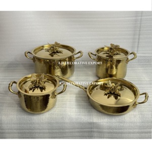 Luxury Hammered Brass Gold Premium Pan and <b>Pots</b> Cookware <b>Set</b> with Decorative Butterfly Lids 4-Piece Professional Kitchenware Use - Product Image 4
