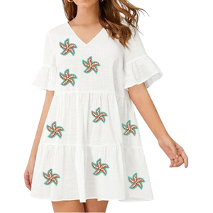 Vestido Casual de Verano con Hombro Descubierto, Estilo Playero, con Volantes, Transpirable, hasta la Rodilla, con Estrellas y Parches de Cuentas, Venta al por Mayor de Fábrica 2026 - Product Image 4