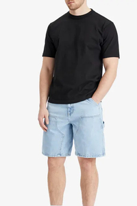Shorts cargo en coton bleu clair pour homme, taille mi-haute, fermeture boutonnée, style décontracté Bermuda, couleur unie, tissu tissé, poches - Product Image 3