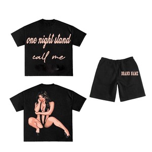 260 GSM Premium Cotton Black Women T Shirt Shorts <b>Set</b> Screen Print Custom Design Casual 100% Cotton T shirt & Short <b>Set</b> - Product Image 2